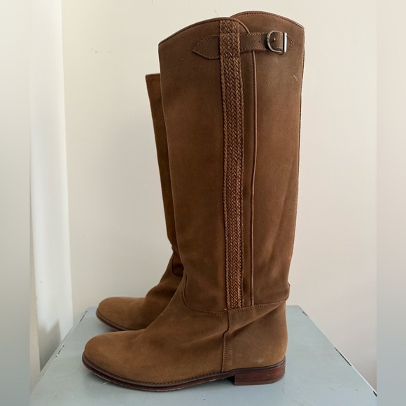 Anthropologie x Andrea Candela Olimpia Tan Brown Suede Knee-High Riding Boots 9 - Picture 4 of 11